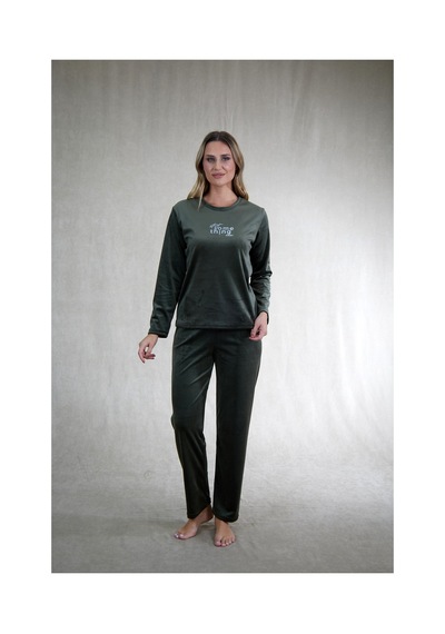 Estiva Kadın Something Yazılı Kadife Pijama Takımı Haki