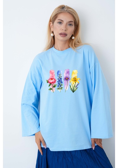Herkesemoda Renkli Çiçekler Baskılı Tesettüre Uygun Oversize Body Mavi