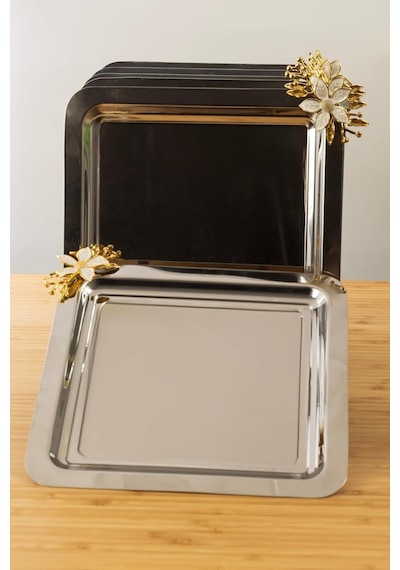 Yaren Style 6'li Kare Paslanmaz Çelik Tepsi Seti 21x21 Cm Gold Papatya Figürlü Kahve & Çay Sunum Tepsisi Diğer