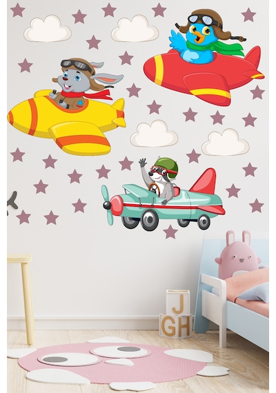 Sevimli Pilot Hayvanlar ve Yıldızlar Çocuk Odası Duvar Sticker