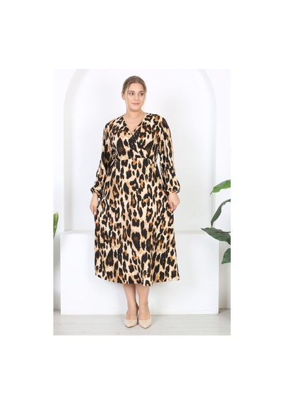 Mooi Xxl Kadın Leopar Desen Kruvaze Yaka Balon Kol Maxi Boy Bürümcük Elbise Leopar