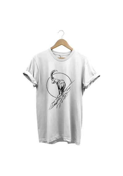 Avcılık Dağ Keçisi Baskılı %100 Pamuk Regular Fit Bisiklet Yaka Beyaz T-shirt Beyaz