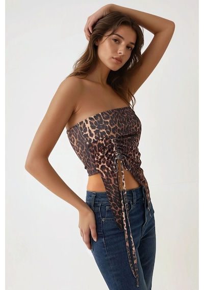 Hiccup Leopar Desenli Büzgü Detaylı Straplez Crop Üst Çok Renkli