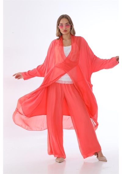 Bohem Stil Italyan Ipek Detaylı Oversize Kap Bluz- Wes Pantolon Takım-8789 Görsel