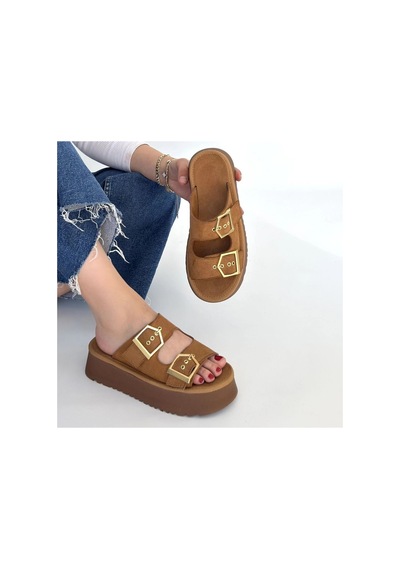Kazax Herşeytrend Coer Taba Süet Çift Tokalı Terlik Çok Renkli