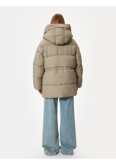 Koton Kapşonlu Şişme Mont Oversize Cepli Fermuarlı Vizon 5wak00171ew Vizon