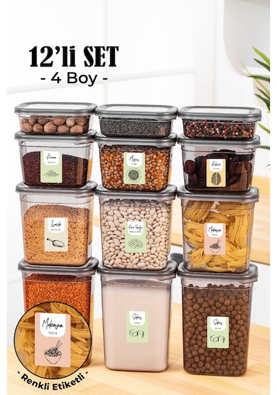 Vienev Peggy Renkli Etiketli Dikdörtgen Saklama Kabı Seti Antrasit 3x 1500 + 1150 + 800 + 400 ML 12li Antrasit