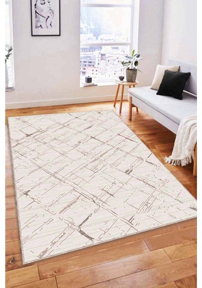 Bej Spor Kaymaz Tabanlı Makinede Yıkanabilir Halı Cz08n11