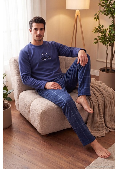 Buratti Ekoseli Bisiklet Yaka Yumuşak Dokulu Polar Pijama Takımı Erkek Pijama Takımı 6097064 İndigo