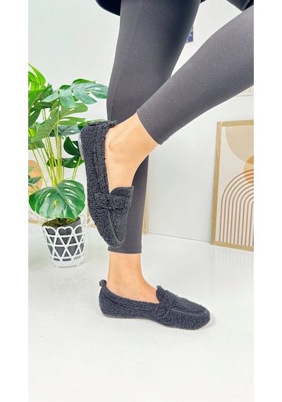 Günlük Kadın Loafer Peluş Astarlı Oval Burunlu Alçak Desenli Tabanlı Ayakkabı 375 Siyah