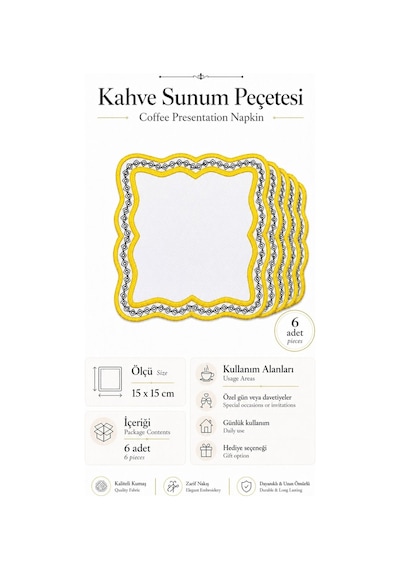 Gold Nakış İşlemeli 6'lı Kahve Yanı Sunum Peçetesi Çeyizlik Kahve Altı Sunum Peçetesi Sovruna Gümüş