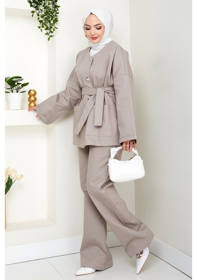 Bestenur Kemerli Ceket Pantolon Gabardin Takım 1557 - Taş Taş