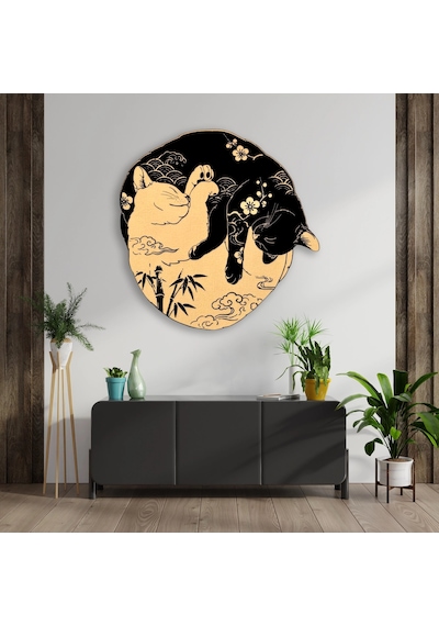 Yin Yang Kediler Japon - Metal Tablo - Dec0166 60 X 60 Cm Çok Renkli