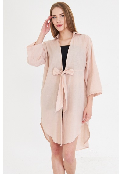 Armonika Kadın Pudra Önden Bağlamalı İnce Keten Kumaş Midi Boy Kimono Gömlek Arm-24y001081 Armonika Kadın Pudra Önden Bağlamalı İnce Keten Kumaş Midi Boy Kimono Gömlek Arm-24y001081