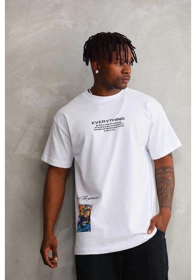 Barlashive Erkek Bisiklet Yaka Baskılı Oversize T-shirt - Beyaz Çok Renkli