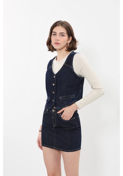 Banny Jeans Kadın V Yaka Düğmeli %100 Pamuk Jean Yelek Lacıvert