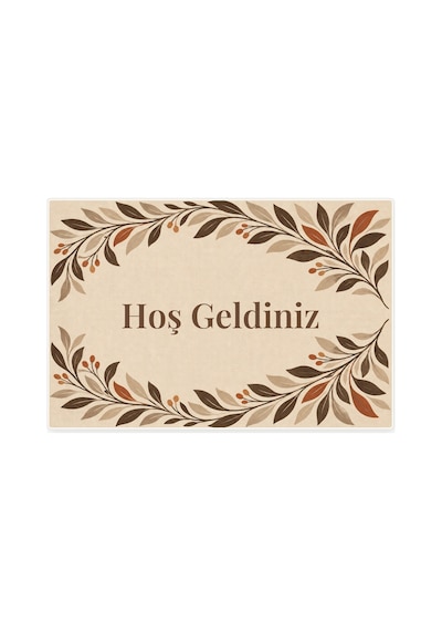 Kartela Halı Hoş Geldiniz Yazılı Yaprak Desenli Kapı Paspası Bej Kaymaz Kauçuk Taban 50x75 Cm