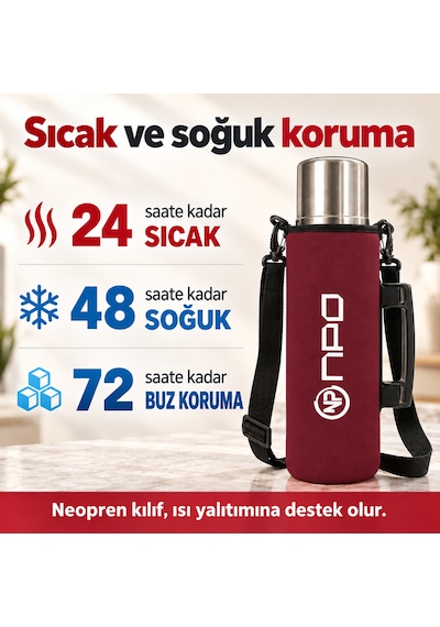 Npo Nt01 2 Katman Vakum Teknolojili 24h Sıcak 48h Soğuk 72h Buzlu Koruma Çelik Termos Bordo Kılıflı