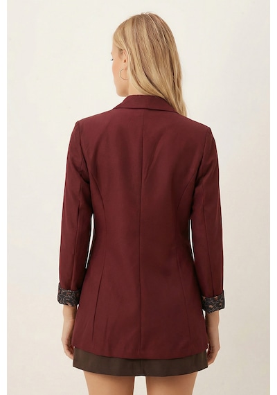 Armonika Kadın Bordo Kol İçi Leopar Desenli Tek Düğmeli Ceket Arm-26k001088