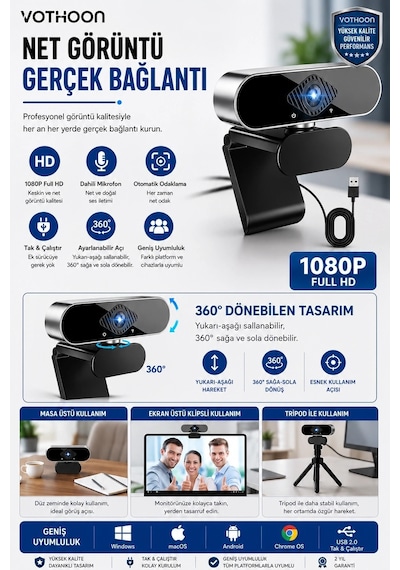 Webcam    1080p  Hd  Konferans  Kamera  Dahili  Mikrofon  Görüntülü  Sohbet  Yayın  Kamerası  Hd  Video  Ae-104