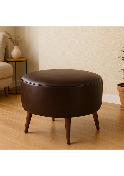 Azra Mobilya Acı Kahve Yuvarlak Deri Puf 60 Cm Çap, 46 Cm Yükseklik, Modern Ceviz Ayaklı Kahverengi