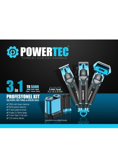Powertec TR-5500 3in1 Profesyonel Bakım Kiti Saç Sakal Ense Vücut Günlük Tıraş Makinesi Seti 3 - 4 Saat Mavi - Siyah
