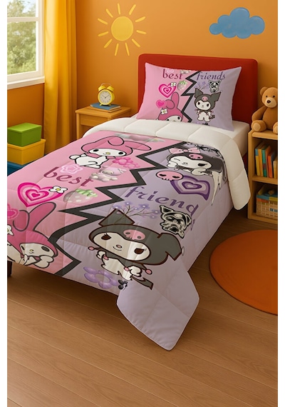 Kuromi Best Friend Temalı Tek Kişilik Yorgan Ve Yastık Kılıfı Şeritli