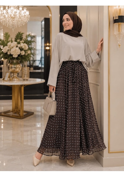 Esra Butik78 Siyah & Kahverengi Puantiyeli Astarlı Şifon Etek Kendi Kumaşından Kuşaklı, 95 Cm Esra Butik78 Siyah & Kahverengi Puantiyeli Astarlı Şifon Etek Kendi Kumaşından Kuşaklı, 95 Cm