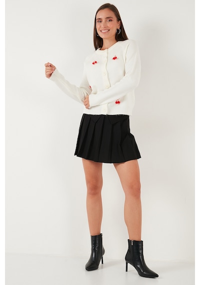 Lela Premium Regular Fit Bisiklet Yaka Kiraz Süslemeli Bayan Hırka 6802939A Ekru