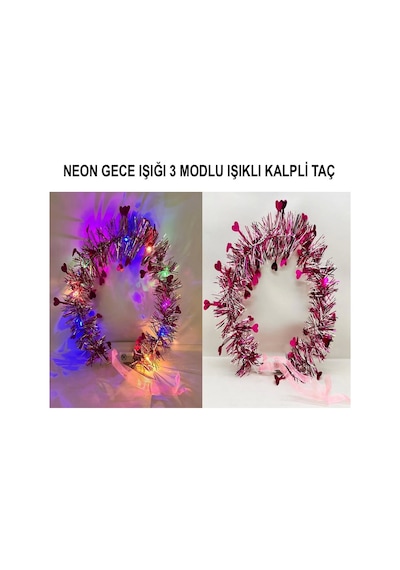 Mey İthalat Kalp Püsküllü Gece Parıltısı 3 Modlu Led Li Işıklı Taç Fuşya Renk