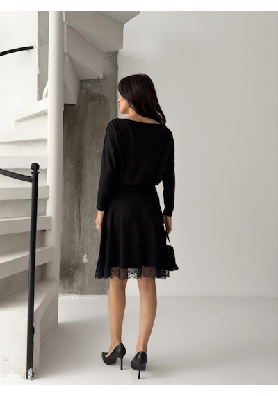 Kadın Dantelli Bel Drape Detaylı Kayık Yaka Modal Kumaş Midi Elbise Siyah