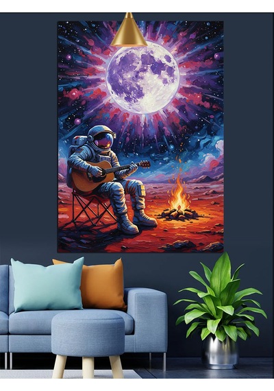 Ay Işığı Manzarasında Uzayda Gitar Çalan Astronot Dekoratif Kanvas - Mdf Ahşap Tablo