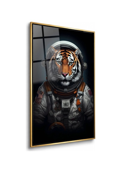 Astronot Kıyafetli Kaplan Portresi Gold Çerçeveli Cam Tablo