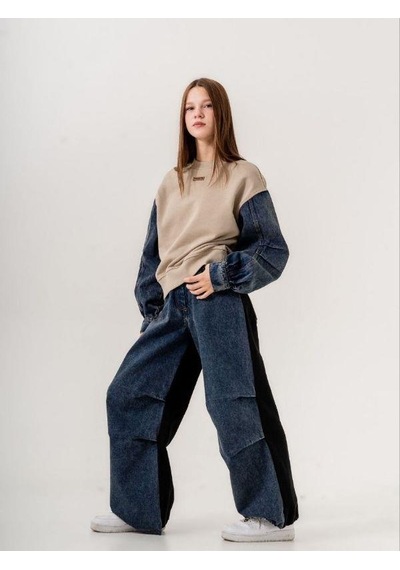 Kız Çocuk Mevsimlik Denim Kol 3 İplik Sweatshirt-14774 Kahverengi Kız Çocuk Mevsimlik Denim Kol 3 İplik Sweatshirt-14774 Kahverengi