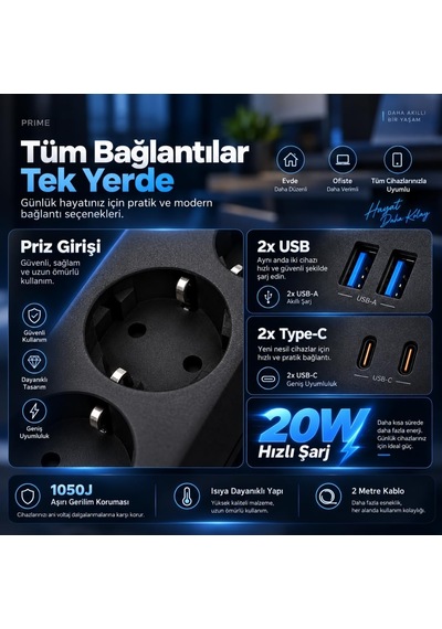 Termal Akım Korumalı, 10'lu Priz Soketi, 10x Priz, 2x Usb, 2x Type-c Girişi, 20w Hızlı Şarj, Isıya Dayanıklı Ya 0