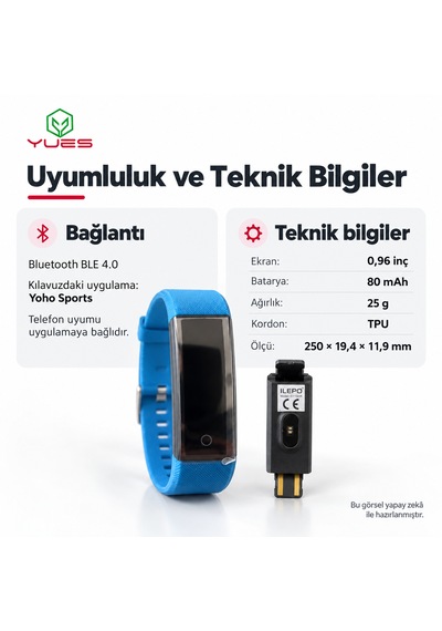 Yues Akıllı Bileklik Nabız Ölçer Adım Sayar Uyku Takipli Mavi