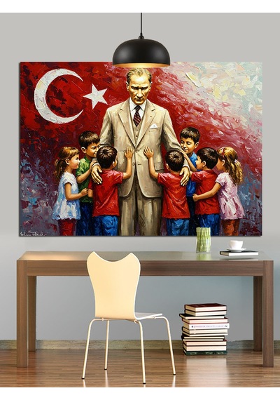 Atatürk Ve Çocuklar Dekoratif Kanvas - Mdf Ahşap Tablo