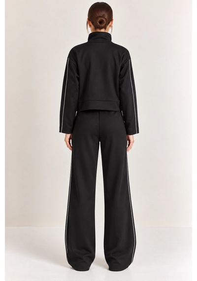 Mevese Biyeli Detaylı Dik Yaka Fermuarlı Sweatshirt & Wide Leg Eşofman Takım - Siyah