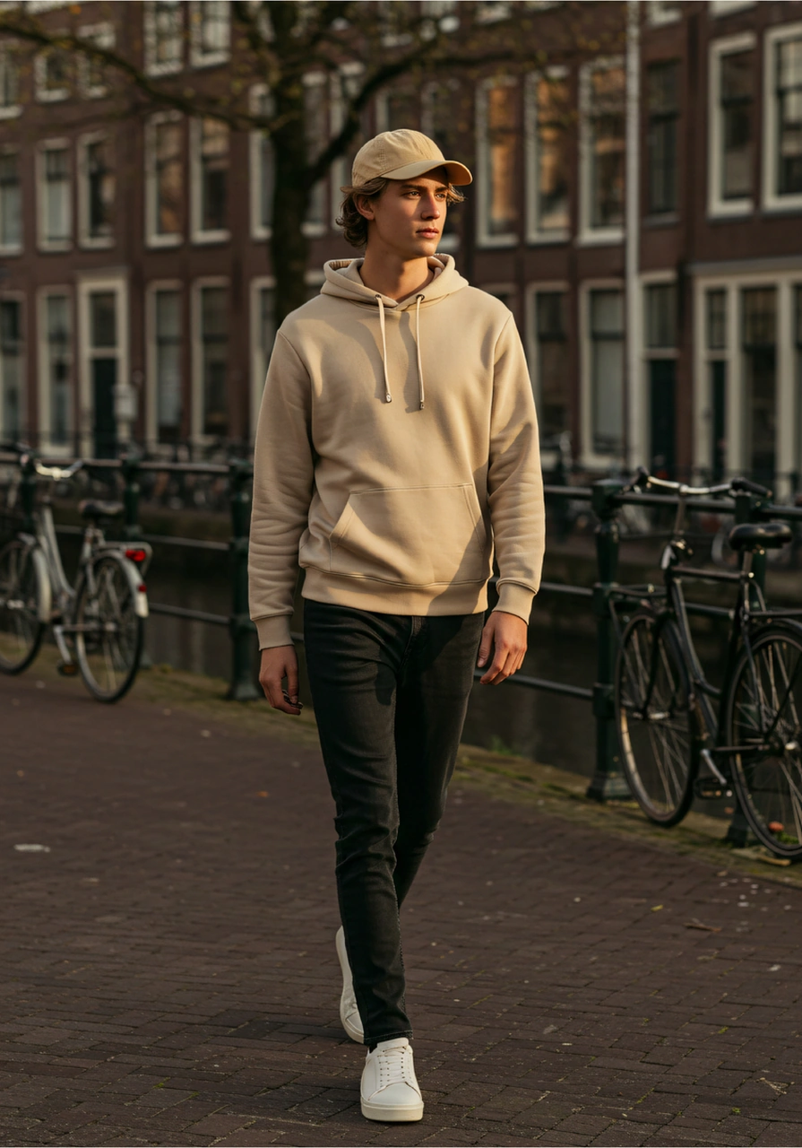 Erkek Oversize %100 Pamuk Yüksek Kalite Erkek Kapüşonlu Sweatshirt Bej