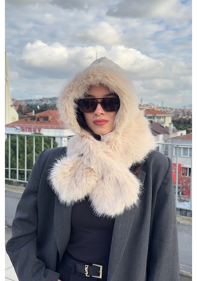 Mollycrush Peluş Boyun Bağlamalı Şapka Bere Suni Kürklü Bej Özel Tasarım Atkılı Kadın Şapkası Bej