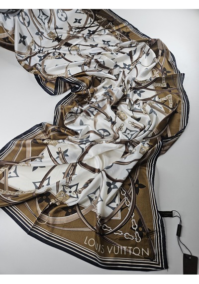 Miorel Scarfs Yeni Sezon Lv Kemer Desen Vual İpek Şal Yeni Sezon Silk Scarfs Shawl Hijab Fular Krem-Bej