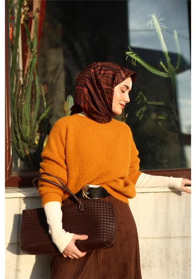 Silk Home Twill İpek Eşarp Kahverengi Mercan Geometrik Desenli Tok Duruşlu 90x90 Çok Renkli