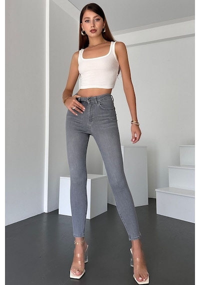 Gri Kadın Skinny Fit Jean Yüksek Bel Likralı Esnek Kot Pantolon Jennie-gri 001