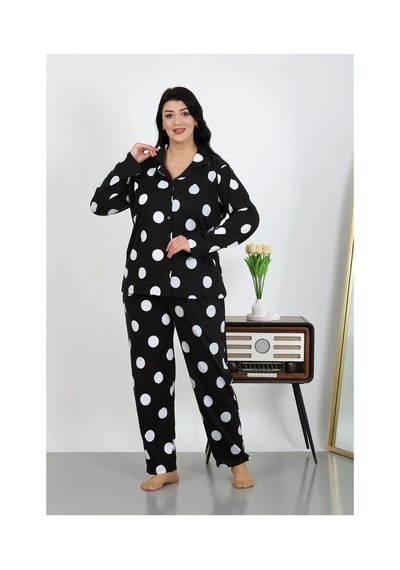 Najmaddin.com Beru Kadın Büyük Beden Pamuklu Cepli Düğmeli Siyah Pijama Takım