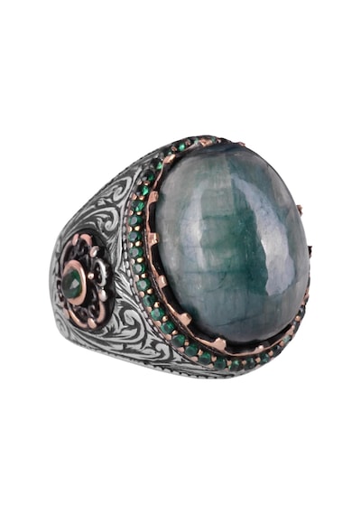 Yapılmış Taş Yüzük - 925 Ayar Gümüş El Yapımı Yüzük - Yapılmış Cabochon Zümrüt Yüzük Gümüş