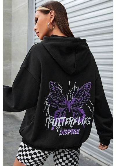 Uyguntarz Unisex Butterfly Letter Graphic Baskılı Sweatshirt siyah
