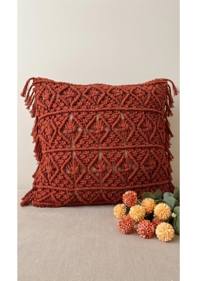 Toprak Tonlarında Yan Püsküllü Dekoratif Kılıf -makrome Kırlent Kılıfı 45x45 Cm Diğer