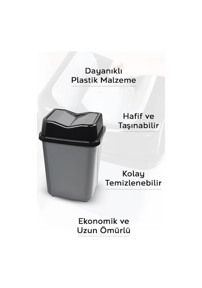 Çift Kapaklı Plastik Çöp Kovası - Ev Ofis Banyo Mutfak Çöp Kovası Gri 20 Litre Gri
