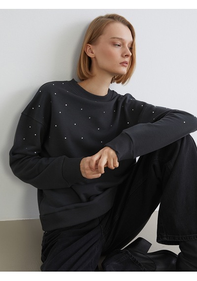 Lcw Vision Antrasit Bisiklet Yaka Taşlı Oversize Kadın Sweatshirt