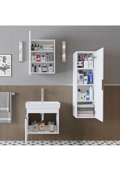 Likya Mdflam Kapaklı Lavabolu 60 Cm Banyo Alt Dolabı + Banyo Üst Dolabı + Banyo Boy Dolabı Beyaz Likya Mdflam Kapaklı Lavabolu 60 Cm Banyo Alt Dolabı + Banyo Üst Dolabı + Banyo Boy Dolabı Beyaz